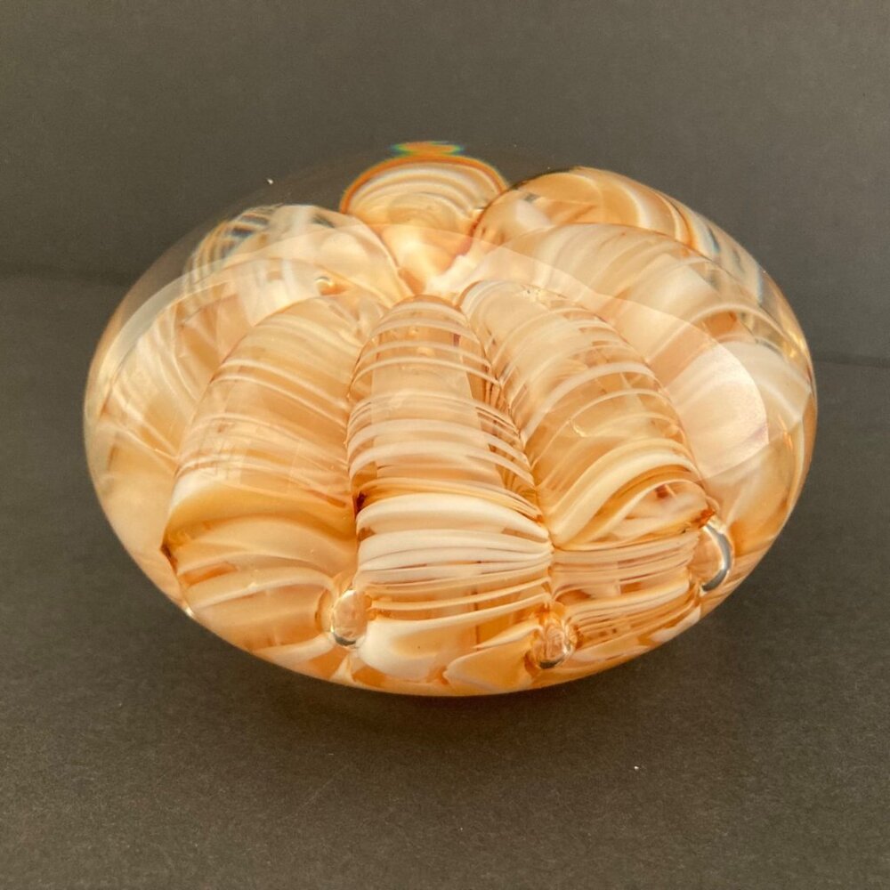 Joe Rice Art Glass Paperweight With Swirled Floral Gold Ribbon Design - Picture 6 of 10